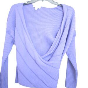 Eva Mendes Sexy V Neck purple ribbed cropped wrap sweater top XL